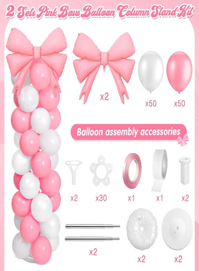 Charnoel 2 Sets Pink White Bow Balloon Column Stand Kit Includes 2 Bows & 100 Latex Balloons Adjustable Stands for Princess Birthday Wedding Coquette Baby Shower Party Decoration - Image 2